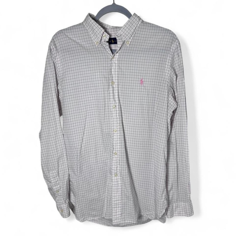 Ralph Lauren white button up shirt with pink and black plaid‎  Size 16  40/41